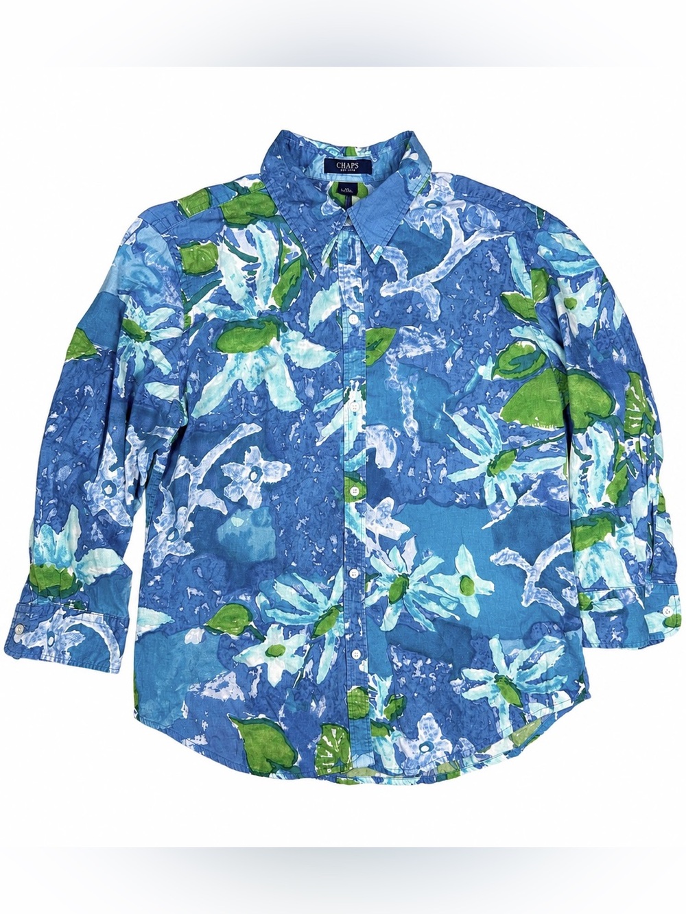 Chaps Bold Floral Button Up Shirt L Blue Tropical Vacation 3/4 Sleeve Preppy Top